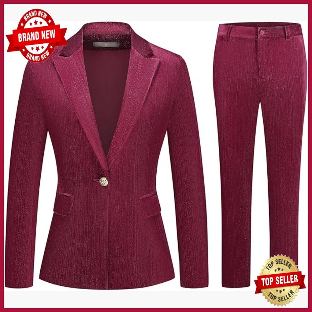 Velvet Sparkly Blazer Pantsuit Set Formal Business Casual Wedding Outfit